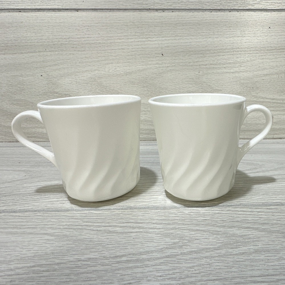 Corning White Swirl Vitrelle Mugs Cups Handle (Set of 2) USA 3.5x3.25" Vintage